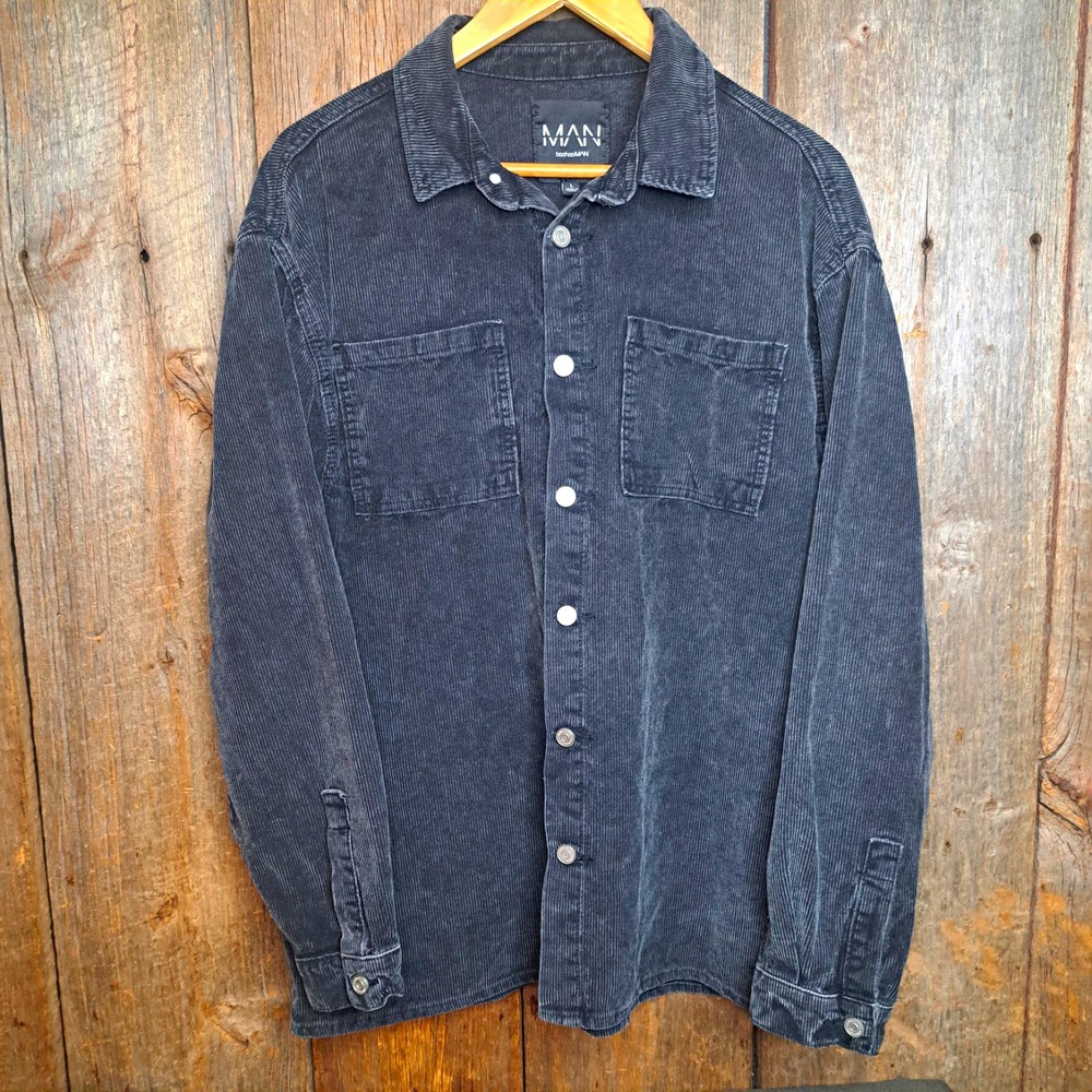 Urban Streetwear 90s Grunge Corduroy Black/Gray Button-Up Long Slv L BoohooMAN